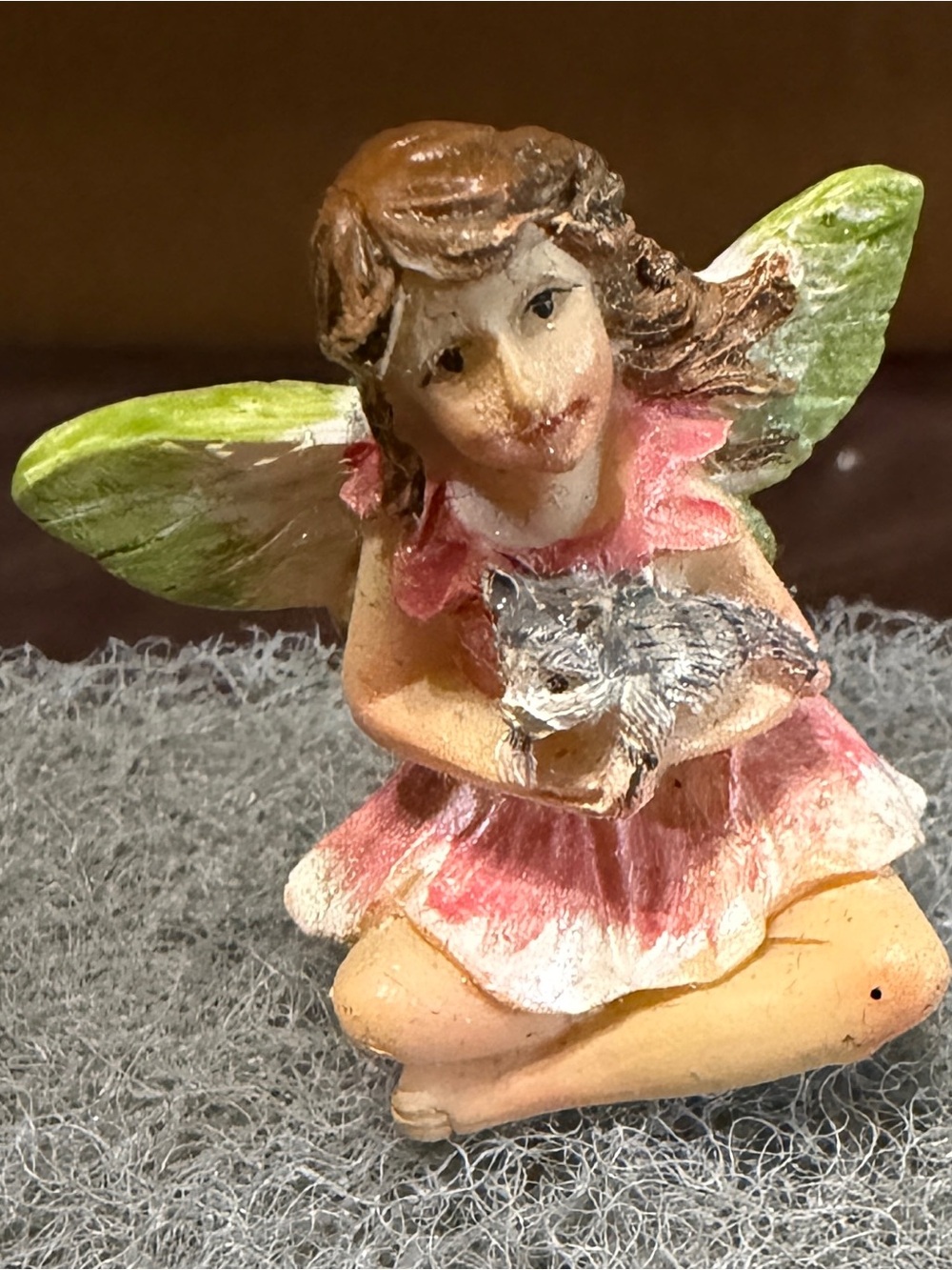 Hand-Painted Fairy Figurine with Kitten - Pink and Green